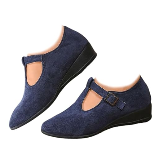 Damen Bequeme Spitze Zehen Flache Schnalle Keilabsatz Loafer Orthopädische Wildleder Ballett Mary Jane Schuhe für Frauen, blau, 40 EU von GHTRHSB
