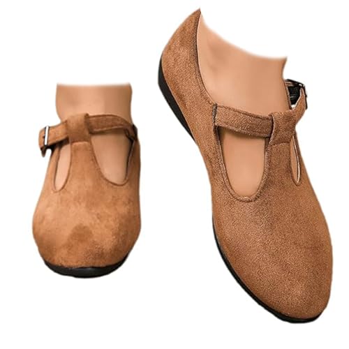 Damen Bequeme Spitze Zehen Flache Schnalle Keilabsatz Loafer Orthopädische Wildleder Ballett Mary Jane Schuhe für Frauen, braun, 40 EU von GHTRHSB