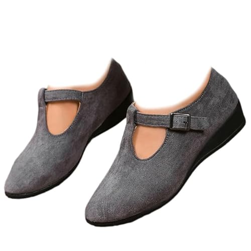 Damen Bequeme Spitze Zehen Flache Schnalle Keilabsatz Loafer Orthopädische Wildleder Ballett Mary Jane Schuhe für Frauen, grau, 40 EU von GHTRHSB