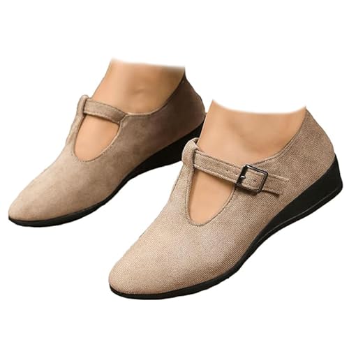 Damen Bequeme Spitze Zehen Flache Schnalle Keilabsatz Loafer Orthopädische Wildleder Ballett Mary Jane Schuhe für Frauen, khaki, 40 EU von GHTRHSB