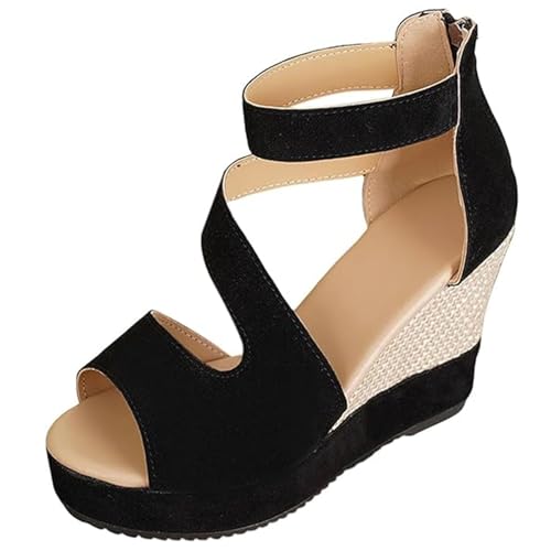 Damen Orthopädische Keilsandalen Mode Plateau Leder Atmungsaktiv Bequem rutschfest Höhe Erhöhung Freizeitschuhe, Schwarz , 40 EU von GHTRHSB