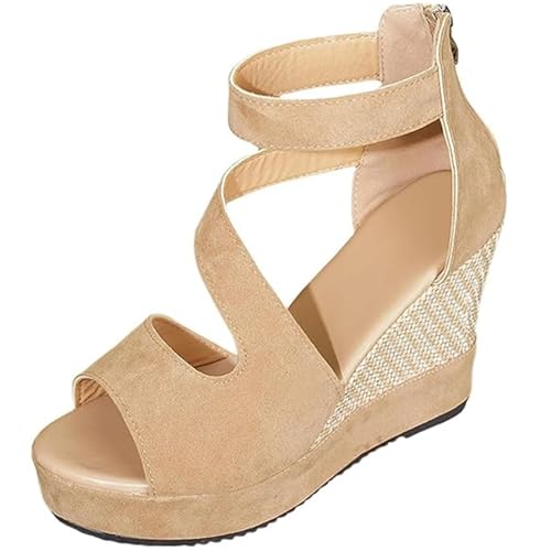 Damen Orthopädische Keilsandalen Mode Plateau Leder Atmungsaktiv Bequem rutschfest Höhe Erhöhung Freizeitschuhe, beige, 40 EU von GHTRHSB
