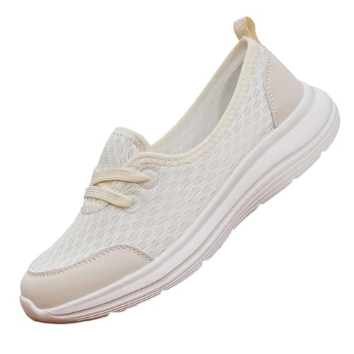 Damen Weiche Sohle Mesh Komfort Orthopädische Schuhe Leicht Atmungsaktiv Low Top Casual Rutschfeste Sneaker Walking Slip on Flats mit Fußgewölbeunterstützung, beige, 0 UK Wide von GHTRHSB