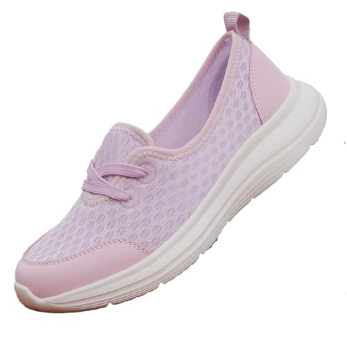 Damen Weiche Sohle Mesh Komfort Orthopädische Schuhe Leicht Atmungsaktiv Low Top Casual Rutschfeste Sneaker Walking Slip on Flats mit Fußgewölbeunterstützung, violett, 0 UK Wide von GHTRHSB