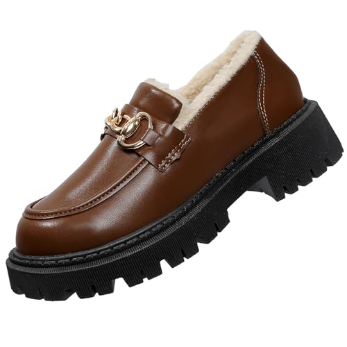 Damen Wollfutter Dicke Sohle Leder Loafer Winter Warm Bequem Slip On Plattform Chunky Freizeitschuhe mit Kette, Braune Kette, 38.5 EU von GHTRHSB