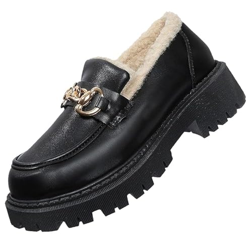 Damen Wollfutter Dicke Sohle Leder Loafer Winter Warm Bequem Slip On Plattform Chunky Freizeitschuhe mit Kette, Schwarze Kette, 36 EU von GHTRHSB