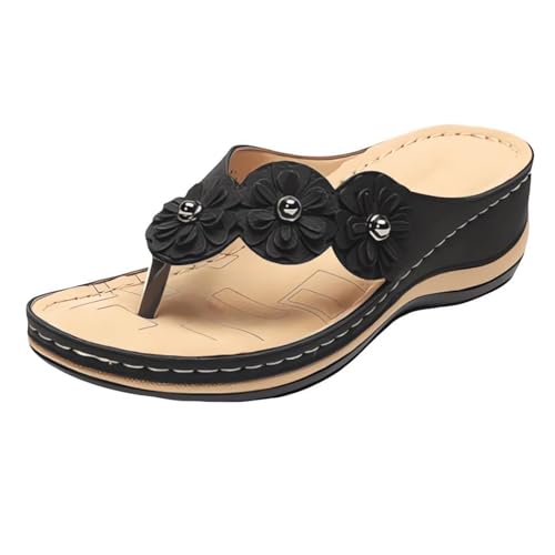 GHTRHSB Comfort Wedge Floral Sandalen Sommer Open Toe Low Plateau Flip Flops Bequeme Freizeitschuhe für Strand Outdoor, Schwarz , 37.5 EU von GHTRHSB