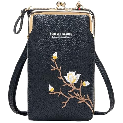 GHTRHSB Damen-Geldbörse mit Handyhalterung, kleine leichte Reise-Handtasche mit Kartenfächern, Münzgeldbörse, Schwarz , 18*11*5 cm von GHTRHSB