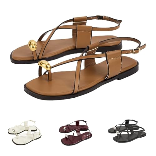 GHTRHSB Damen Leder Metall Zehenring Riemchen Flache Sandalen Sommer Quadratisch Offene Zehe Schnalle Riemen Strand Römische Sandalen Riemchen Flats Strandschuhe für Frauen, khaki, 38 EU GHTRHSB Damen Leder Metall Zehenring Riemchen Flache Sandalen Sommer Quadratisch Offene Zehe Schnalle Riemen Strand Römische Sandalen Riemchen Flats Strandschuhe für Frauen, khaki, 38 EU von GHTRHSB