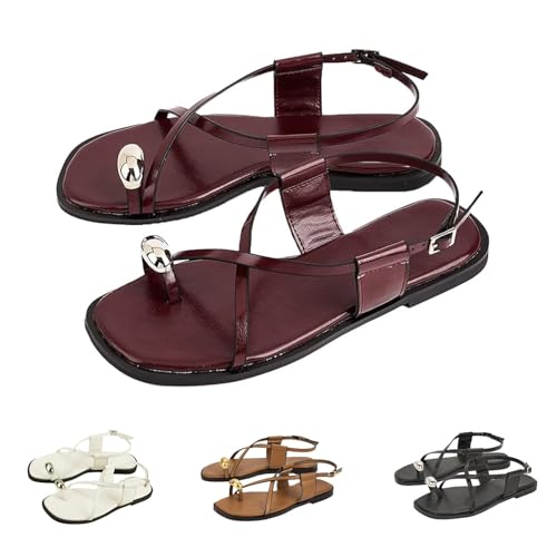 GHTRHSB Damen Leder Metall Zehenring Riemchen Flache Sandalen Sommer Quadratisch Offene Zehe Schnalle Riemen Strand Römische Sandalen Riemchen Flats Strandschuhe für Frauen, rot, 36 EU GHTRHSB Damen Leder Metall Zehenring Riemchen Flache Sandalen Sommer Quadratisch Offene Zehe Schnalle Riemen Strand Römische Sandalen Riemchen Flats Strandschuhe für Frauen, rot, 36 EU von GHTRHSB