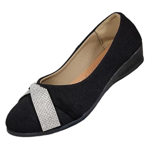 GHTRHSB Damen Leichte Mode Strass Keilschuhe Bequeme Casual Runde Zehen Slip on Low Heel Pumps für Hochzeit Braut, Schwarz , 40.5 EU von GHTRHSB