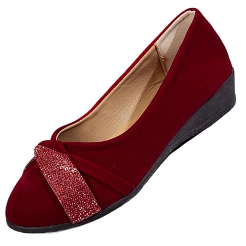 GHTRHSB Damen Leichte Mode Strass Keilschuhe Bequeme Casual Runde Zehen Slip on Low Heel Pumps für Hochzeit Braut, rot, 38 EU von GHTRHSB