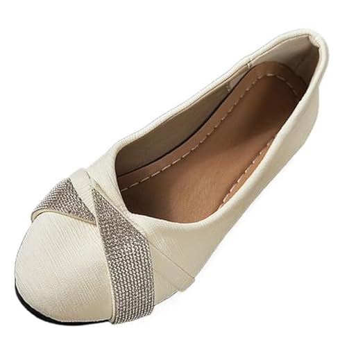 GHTRHSB Damen Leichte Mode Strass Keilschuhe Bequeme Casual Runde Zehen Slip on Low Heel Pumps für Hochzeit Braut, weiß, 36.5 EU von GHTRHSB