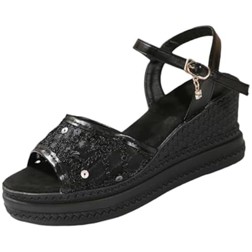 GHTRHSB Damen Plateau Keilsandalen Atmungsaktiv Mesh Offene Zehe Knöchelriemen Sommersandalen Bequeme Orthopädische Wanderschuhe, Schwarz , 40 EU von GHTRHSB
