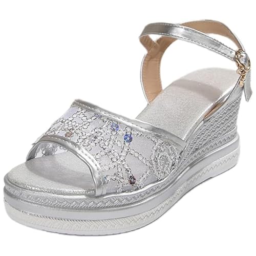 GHTRHSB Damen Plateau Keilsandalen Atmungsaktiv Mesh Offene Zehe Knöchelriemen Sommersandalen Bequeme Orthopädische Wanderschuhe, silber, 40 EU von GHTRHSB