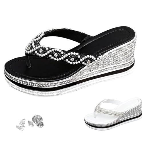 GHTRHSB Damen Strass Leichte Bequeme Rutschfeste Keilsandalen Sommer Sparkly Keilabsatz Flip Flops Plateau Boho Orthopädische Sandalen mit Fußgewölbeunterstützung, Schwarz , 37 EU von GHTRHSB