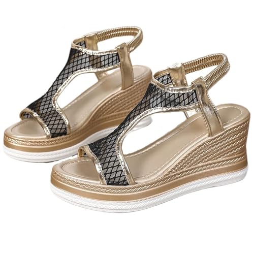 GHTRHSB Damen Vintage Wedge Orthopädische Sandalen Atmungsaktive Offene Zehen Plateau Slip on Sandalen mit bequemem elastischem Riemen, Schwarz , 40 EU von GHTRHSB