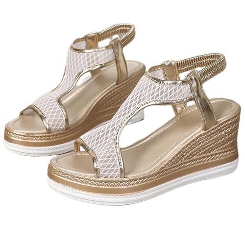 GHTRHSB Damen Vintage Wedge Orthopädische Sandalen Atmungsaktive Offene Zehen Plateau Slip on Sandalen mit bequemem elastischem Riemen, weiß, 40 EU von GHTRHSB