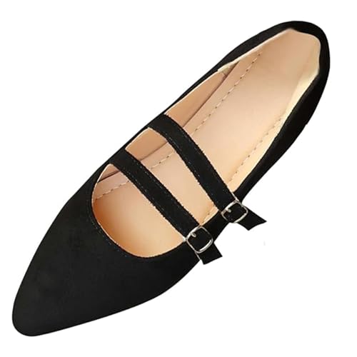 GHTRHSB Damen Wildleder Mary Janes Flats Bequeme Leopard Ballettschuhe mit Doppelknöchelriemen Elegante Spitze Zehen Dressy Flats, Schwarz , 40 EU von GHTRHSB