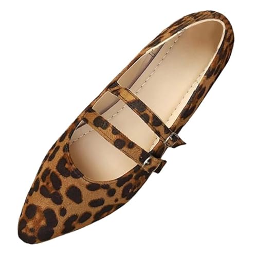 GHTRHSB Damen Wildleder Mary Janes Flats Bequeme Leopard Ballettschuhe mit Doppelknöchelriemen Elegante Spitze Zehen Dressy Flats, leopard, 40 EU von GHTRHSB