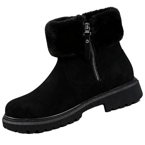 GHTRHSB Damen Winter Schneestiefel Retro Runde Zehe Kunstfell Gefüttert Warme Stiefeletten Wildleder Chunky Plateau Kurze Stiefel mit seitlichem Reißverschluss, Schwarz , 40.5 EU von GHTRHSB