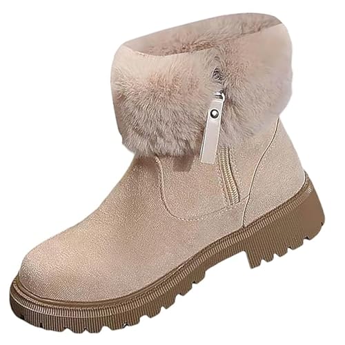 GHTRHSB Damen Winter Schneestiefel Retro Runde Zehe Kunstfell Gefüttert Warme Stiefeletten Wildleder Chunky Plateau Kurze Stiefel mit seitlichem Reißverschluss, beige, 41.5 EU von GHTRHSB