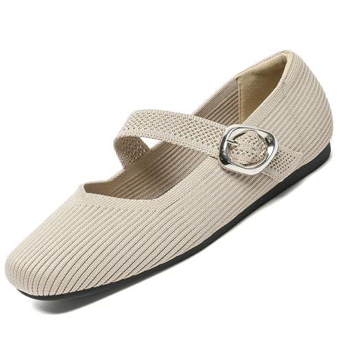 GHTRHSB Mary Jane Flache Schuhe für Damen, bequeme lässige gestrickte Ballettschuhe mit verstellbarer Schnalle, elegante Loafers, beige, 37 EU von GHTRHSB