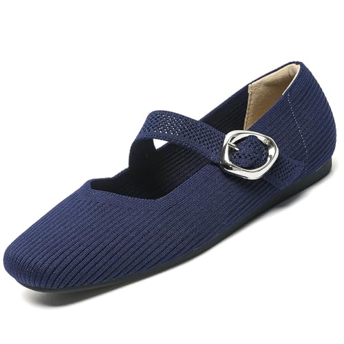 GHTRHSB Mary Jane Flache Schuhe für Damen, bequeme lässige gestrickte Ballettschuhe mit verstellbarer Schnalle, elegante Loafers, blau, 38 EU von GHTRHSB