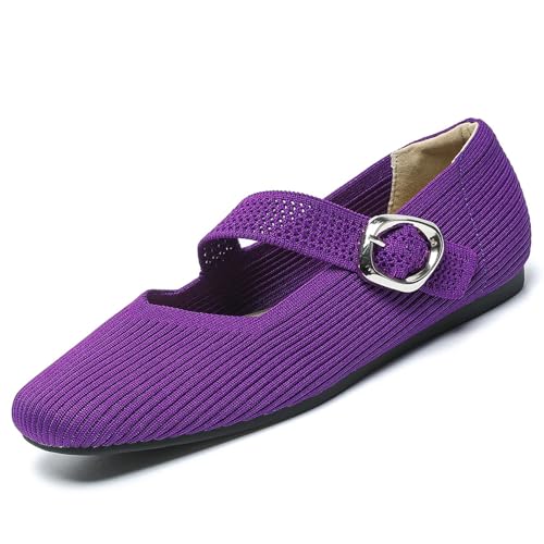GHTRHSB Mary Jane Flache Schuhe für Damen, bequeme lässige gestrickte Ballettschuhe mit verstellbarer Schnalle, elegante Loafers, violett, 39.5 EU von GHTRHSB