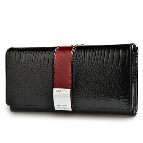 GHUHUALX Damen-Geldbörse, stilvoll, echtes Leder, dreifach gefaltet, schlank, mehrfarbig, Kartenhalter, Clutch, Geldbörse, Black-01, Arbeit von GHUHUALX