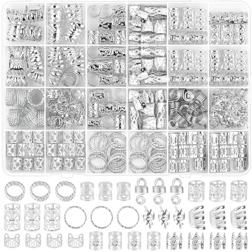 GHVACZS 290 Stück Dreadlocks Schmuck, 11 Stile Haarperlen zum Klipsen, Silber Braids Schmuck mit Einer Schmuckschatulle, Verstellbar Wikinger Haarschmuck für Männer, Frauen von GHVACZS