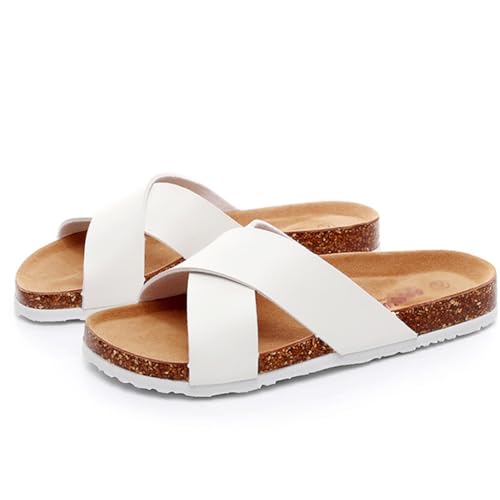 GHYUBYER Hausschuhe for Herren, Sommer-Sandalen mit Kreuzriemen, Fußgewölbe-Stützrutschen, Kork-Fußbett, Outwear, Strandschuhe, Sandalen, modisch(Color:White,Size:42 EU) von GHYUBYER