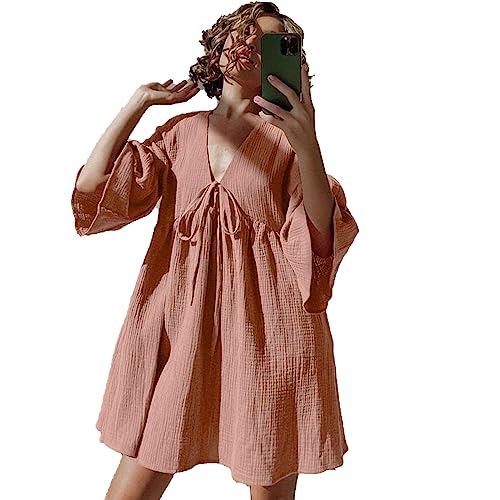GHYUBYER Nachthemd Damen Kurzarm，Damen Nachthemd Leinen 100% Baumwolle Sleepshirts Kurzarm Schlafkleid Weiche Nachtwäsche Breite Riemen Pyjamas Schlafanzug (Color : Bruin, Size : M) von GHYUBYER