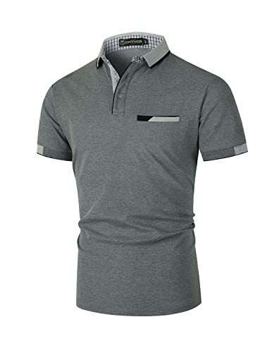 GHYUGR Herren Poloshirt Baumwolle Kurzarm Shirt klassisch Plaid T-Shirt,Grau 01,M von GHYUGR