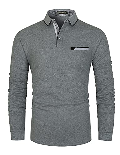 GHYUGR Herren Poloshirt Baumwolle Langarm Polohemd klassisch Plaid T-Shirt,Grau,L von GHYUGR