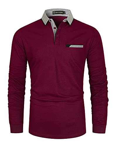 GHYUGR Herren Poloshirt Baumwolle Langarm Polohemd klassisch Plaid T-Shirt,Rot,M von GHYUGR