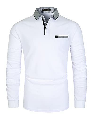 GHYUGR Herren Poloshirt Baumwolle Langarm Polohemd klassisch Plaid T-Shirt,Weiß 1,L von GHYUGR