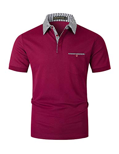 GHYUGR Herren Poloshirt Kurzarm Polohemd klassisch Karierte Spleiß Polo Tasche T-Shirt,Rot,XL von GHYUGR