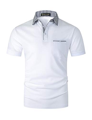 GHYUGR Herren Poloshirt Kurzarm Polohemd klassisch Karierte Spleiß Polo Tasche T-Shirt,Weiß,XL von GHYUGR