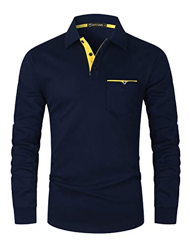 GHYUGR Herren Poloshirt Langarm Kontrast Tasche Polohemd T-Shirt Basic Polo S-2XL,Blau,M von GHYUGR