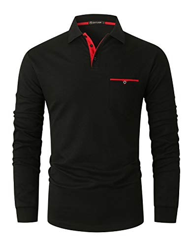 GHYUGR Herren Poloshirt Langarm Kontrast Tasche Polohemd T-Shirt Basic Polo S-2XL,Schwarz,L von GHYUGR