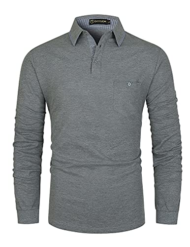 GHYUGR Poloshirt Herren Langarm Golf Polohemd Klassische Karierte Spleiß Kragen T-Shirt,Grau,XXL von GHYUGR