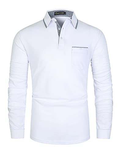 GHYUGR Poloshirt Herren Langarm Golf Polohemd Klassische Karierte Spleiß Kragen T-Shirt,Weiß,3XL von GHYUGR