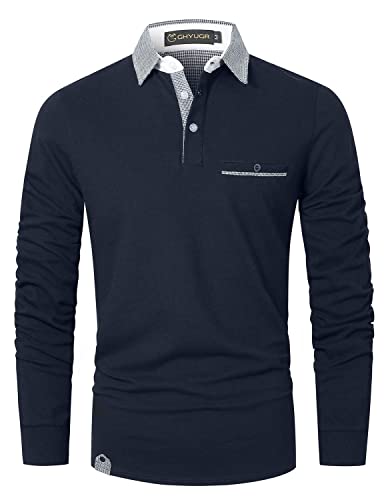 GHYUGR Poloshirt Herren Langarm Golf T-Shirt Klassische Karierte Spleiß Polohemd S-2XL,Blau 1,3XL von GHYUGR