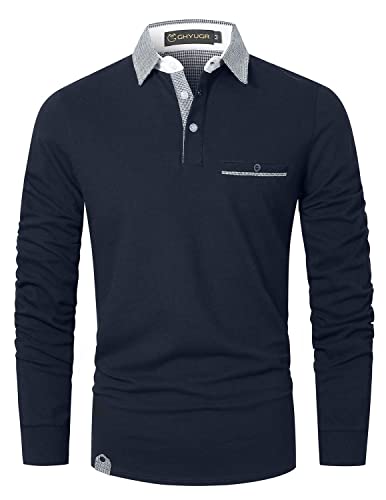 GHYUGR Poloshirt Herren Langarm Golf T-Shirt Klassische Karierte Spleiß Polohemd S-2XL,Blau 1,M von GHYUGR