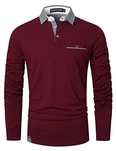 GHYUGR Poloshirt Herren Langarm Golf T-Shirt Klassische Karierte Spleiß Polohemd S-2XL,Rot 1,XXL von GHYUGR