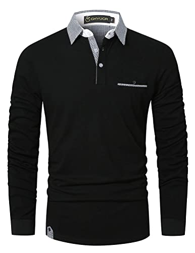 GHYUGR Poloshirt Herren Langarm Golf T-Shirt Klassische Karierte Spleiß Polohemd S-2XL,Schwarz,M von GHYUGR