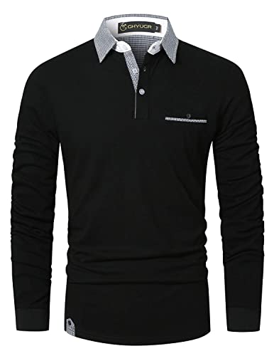 GHYUGR Poloshirt Herren Langarm Golf T-Shirt Klassische Karierte Spleiß Polohemd S-2XL,Schwarz,XL von GHYUGR