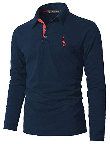 GHYUGR Poloshirt Herren Langarm Golf T-Shirt mit Fashion Giraffe Stickerei Polos (L, Blau+Rot) von GHYUGR