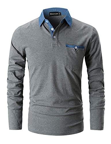 GHYUGR Poloshirts Herren Basic Langarm Baumwolle Polohemd Denim Nähen Golf T-Shirt S-XXL,Grau 1,XL von GHYUGR